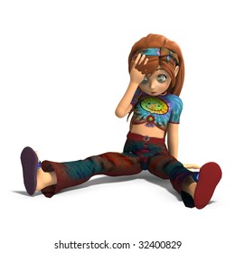 Cartoon Girl Fell On The Floor, With Clipping Path And Shadow Over White