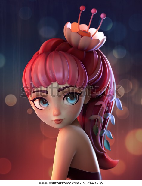 髪に花を持つ漫画の女の子 思慮深い表情でカメラを見る青い目をした赤毛の若い女の子のポートレート 3dレンダリング のイラスト素材