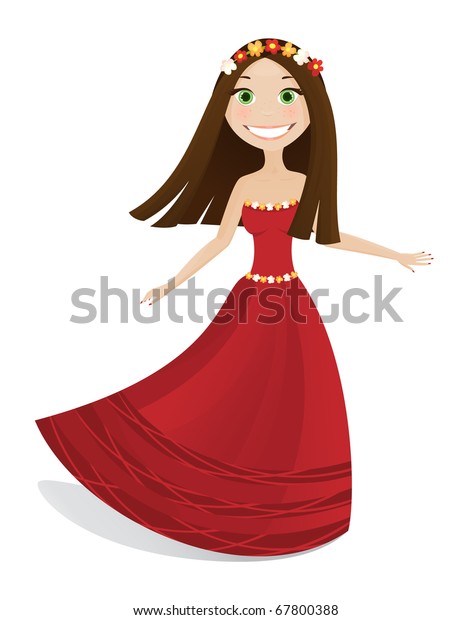 Cartoon Girl Red Dress Raster Version Stock Illustration 67800388