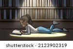 Cartoon of a girl, teen, student, relaxing, reading or studying a book alone while laying on the floor in a library. Spotlight, dramatic lighting at night. Hand drawn illustration.