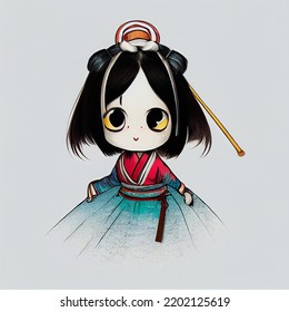 Cartoon Girl In Traditional Japanese Clothing, Manga Style Digital Illustration