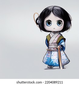 Cartoon Girl In Traditional Japanese Clothing With Copy Space, Digital Illustration