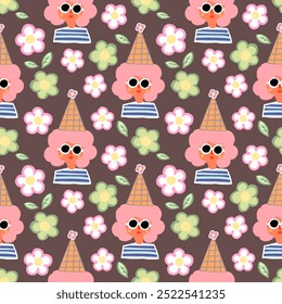 Cartoon girl wearing a hat happy flower elements as background alternating rows and rows of colorful background hand-painted gift paper children's men and women interior decoration paper industry - Powered by Shutterstock