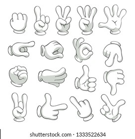 Cartoon Gloved Arms. Hand In Glove Character, Motion Hands. White Gloves Human Arm Characters, Comic Gesture Hand Palm And Finger.  Isolated Icons Illustration Collection