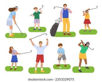 Cartoon golf players. Sports game with ball, stick and green fields, people playing, parents and children in different poses, vector set - Powered by Shutterstock