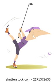Cartoon golfer man on the golf course illustration. 
Cartoon smiling golfer hitting golf ball with club. Isolated on white background
