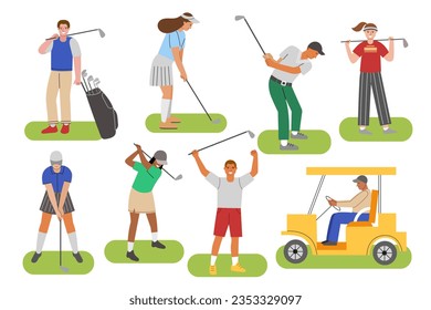 Cartoon golfers in poses. People with clubs trying to score balls in holes, champion golf club, happy players on green fields, vector set - Powered by Shutterstock