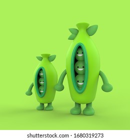 cartoon green peas  on green background, eco concept health food, couple cute peas pods with smiles 3d render illustration - Powered by Shutterstock