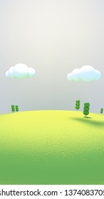 Cartoon green trees on the hill. 3d rendering picture. (Vertical)