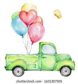 Cartoon green truck with colorful balloons and yellow butterfly; watercolor hand draw illustration; with white isolated background