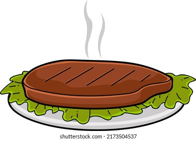 Cartoon Grilled Beef Steak On Plate. Raster Hand Drawn Illustration Isolated On White Background