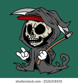 Cartoon Grim Reaper with Red Cap and Scythe - Powered by Shutterstock