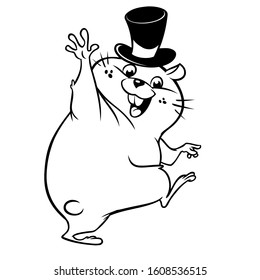 Cartoon Groundhog Wearing Mayor Hat. Illustration With Cute Marmot Waving. Happy Groundhog Day Theme. Line Art