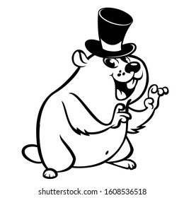 Cartoon Groundhog Wearing Mayor Hat. Illustration With Cute Marmot Waving. Happy Groundhog Day Theme. Line Art