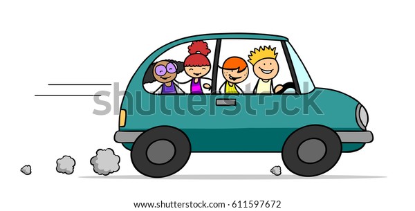 Cartoon of group of children driving car and\
learning in training\
area