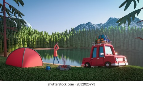 Cartoon Guy Stretches Early In The Morning On The River Bank. 3d Render Of Landscape, Pines Are Reflected In Lake, Snow-capped Mountains, Blue Sky, Tent, Campfire, Funny Red Retro Car With Suitcase.