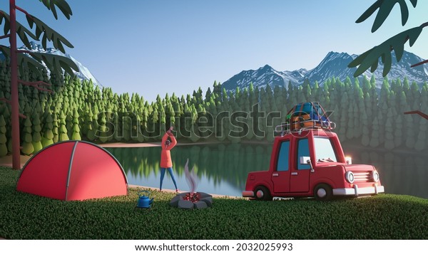 Cartoon guy stretches early in the morning on\
the river bank. 3d render of landscape, pines are reflected in\
lake, snow-capped mountains, blue sky, tent, campfire, funny red\
retro car with\
suitcase.