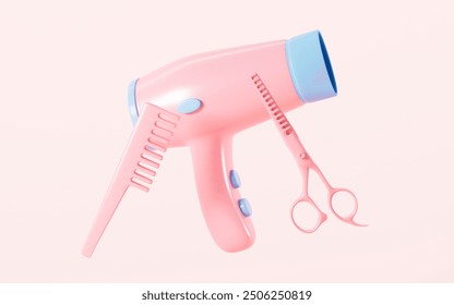 Cartoon hair dryer and haircutting scissors in the pink background, 3d rendering. 3d illustration. - Powered by Shutterstock