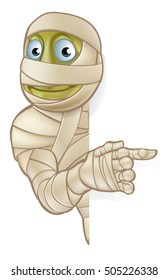 A cartoon Halloween mummy character peeking around and pointing at a sign 