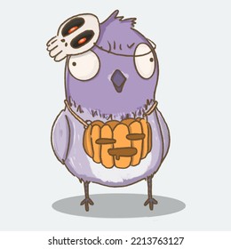 Cartoon halloween pigeon character and mask   pumpkin bucket 