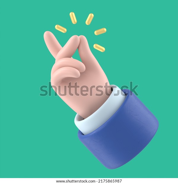 Cartoon hand with dark blue sleeves showing\
snap gesture with a gold sound, light skin tone, isolated on green\
background, 3D\
rendering\
