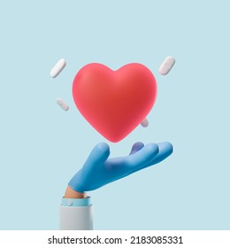 Cartoon Hand Of A Doctor In Gloves Holding A Red Heart On A Blue Background. 3d Rendering