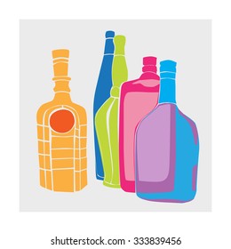 Cartoon Hand Drawn Illustration Of A Group Of Bottles Of Alcohol, Five Objects Colored Composition