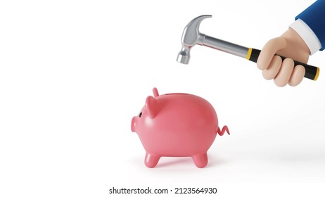 A Cartoon Hand With A Hammer Breaks A Piggy Bank. Withdrawal Of Savings, Deposits. 3D Rendering.