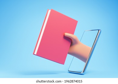 Cartoon hand hold and give red book through smartphone on the blue background. E-book and online education concept. 3d render illustration.