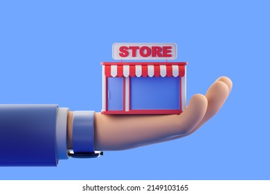 Cartoon Hand Hold Store With Sign, Light Blue Background. Concept Of Small Business And Support. 3D Rendering