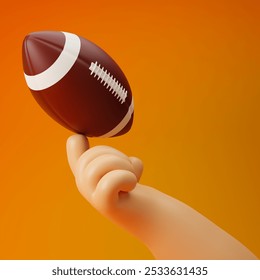 Cartoon hand holding American football with one finger isolated over yellow background. 3D rendering. - Powered by Shutterstock