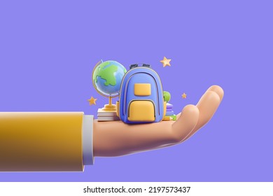 Cartoon Hand Holding A Backpack And Earth Globe, Stack Of Books With Apple On Violet Background. Concept Of Studies And Education. 3D Rendering