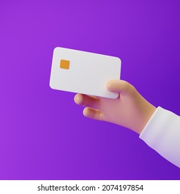 Cartoon Hand Holding Bank Credit Card Isolated Over Purple Background. 3d Rendering.