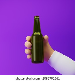 Cartoon Hand Holding Beer Bottle Isolated Over Purple Background. 3d Rendering.