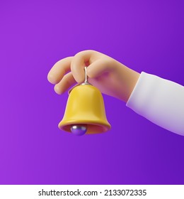 Cartoon hand holding bell isolated over purple background. 3d rendering.