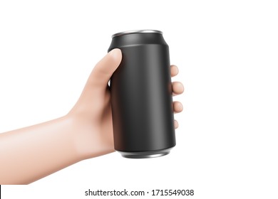 Cartoon Hand Holding Black Aluminum Can With Beverage Drink Isolated Over White Background. Blank Mock Up. 3d Render Illustration.