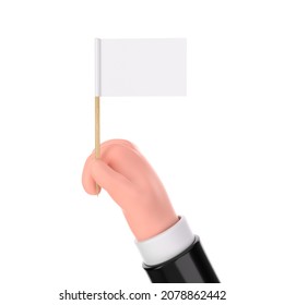 Cartoon Hand Holding Blank Mini Paper Pointer Flag Mockup On A White Background. 3d Rendering 