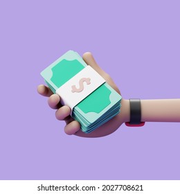 Cartoon Hand Holding Cash Bundle On Violet Background. Simple 3d Render Illustration.