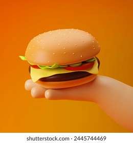 Cartoon hand holding cheeseburger isolated over yellow background. 3D rendering. - Powered by Shutterstock