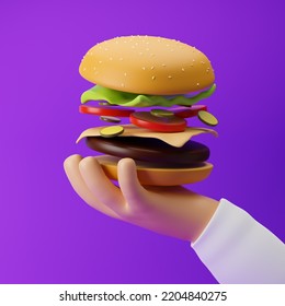 Cartoon hand holding hamburger isolated over purple background. 3D rendering. - Powered by Shutterstock