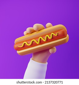 Cartoon hand holding hot dog with mustard isolated over purple background. 3d rendering.