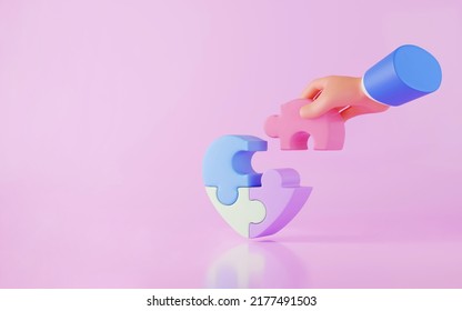 Cartoon Hand holding jigsaw puzzle heart shape, heart donate concept, world health day, charity donation, on pink background, 3D render illustration - Powered by Shutterstock