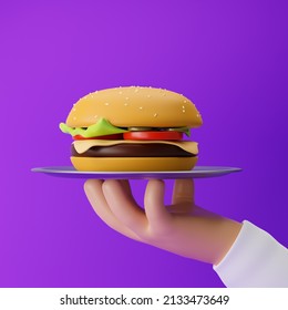 Cartoon hand holding metal tray with hamburger isolated over purple background. 3d rendering. - Powered by Shutterstock