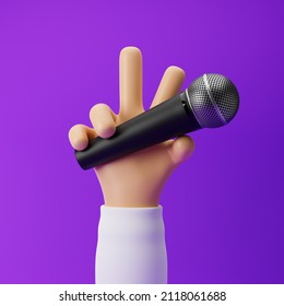 Cartoon hand holding microphone and showing victory gesture isolated over purple background. 3d rendering. - Powered by Shutterstock