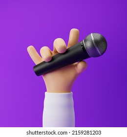 Cartoon hand holding microphone and showing horns or rock gesture isolated over purple background. 3d rendering.