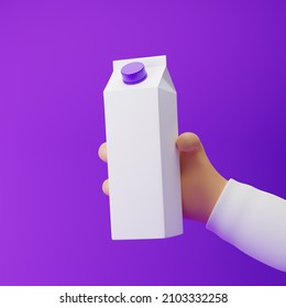 Cartoon Hand Holding Milk Box Isolated Over Purple Background. 3d Rendering.