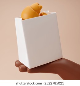 Cartoon hand holding paper bag with plain croissants isolated over light orange background. 3D rendering. - Powered by Shutterstock