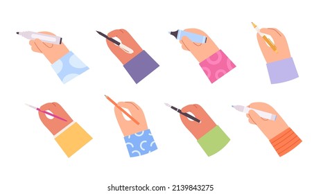 Cartoon Hand Holding Pen, Pencil, Brush, Marker And Highlighter. People Hands Writing Gestures With Work Or Education Stationery  Set. Illustration Of Hand With Pen And Pencil