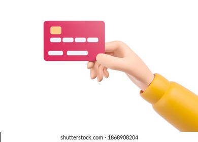 Cartoon Hand Holding Red Bank Credit Card Isolated Over White Background. 3d Render Illustration.