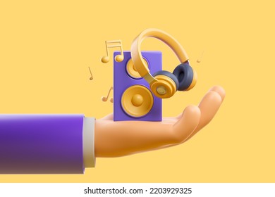 Cartoon Hand Holding Speaker And Headphones, Notes On Yellow Background. Concept Of Music And Playlist. 3D Rendering